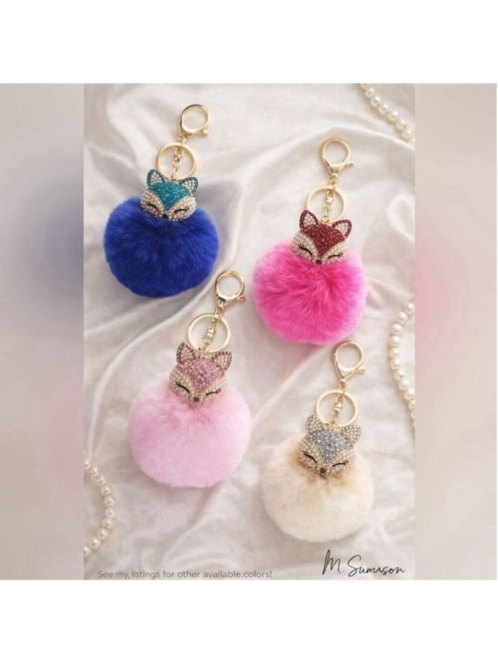NEW Fluffy Fox Bag Charm Keychain Pom Pom Light Pink Pearl Rhinestone NWT - Picture 5 of 5